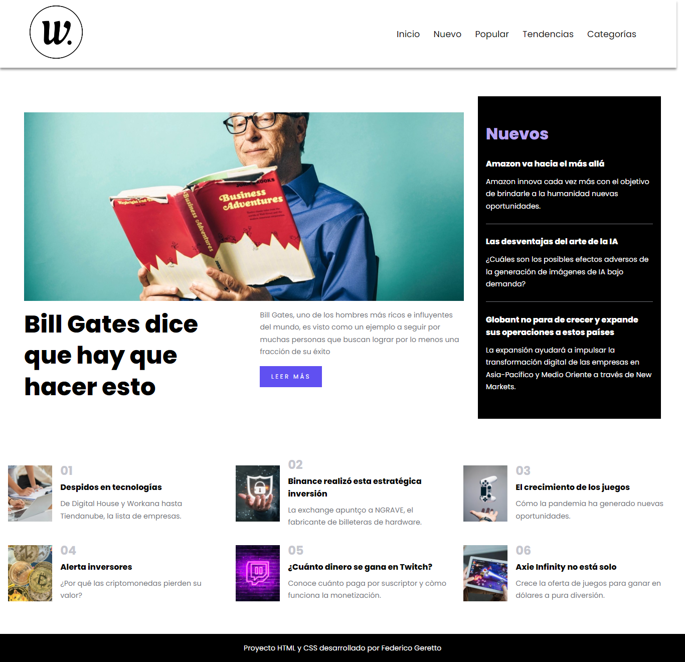 Homepage de la página web Homepage Noticias
